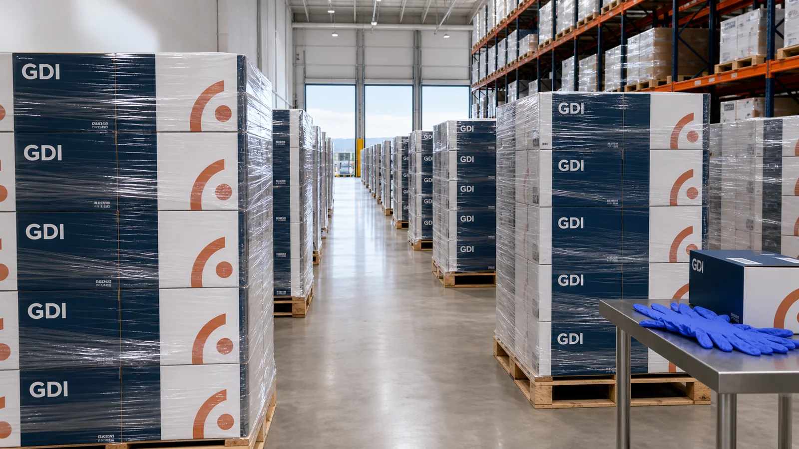 Wrapped pallets of GDI glove cartons in a medical-supply warehouse